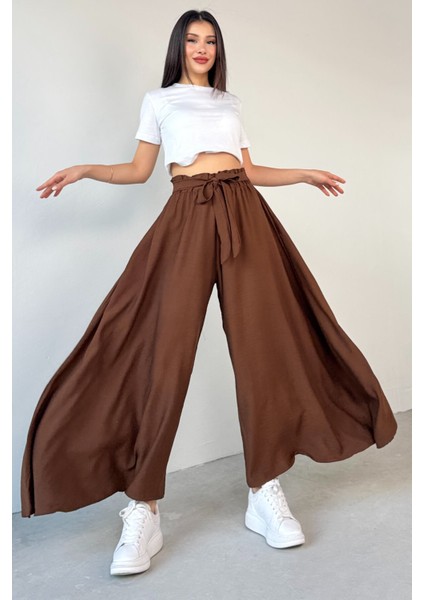 PNT-07410 Kahverengi Dokuma Kuşaklı Şalvar Etek Pantolon