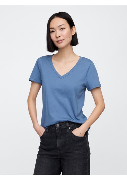 Kadın Mavi V Yaka T-Shirt