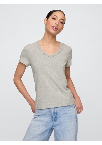 Kadın Gri V Yaka T-Shirt