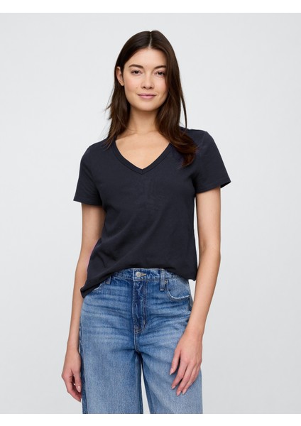 Kadın Lacivert V Yaka T-Shirt