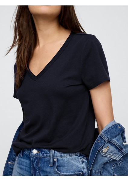 Kadın Lacivert V Yaka T-Shirt modelleri