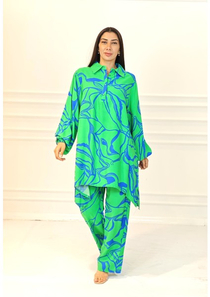 Yeşil Desenli Dik Yaka Cepli Tunik Pantolon Takım