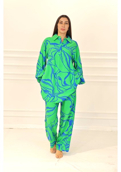Yeşil Desenli Dik Yaka Cepli Tunik Pantolon Takım fiyatları