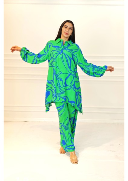 Yeşil Desenli Dik Yaka Cepli Tunik Pantolon Takım modelleri