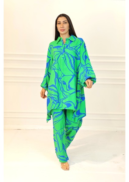 Yeşil Desenli Dik Yaka Cepli Tunik Pantolon Takım fırsatları