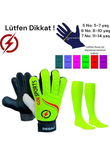 Neon sarı çocuk kaleci eldiveni futbol çorabı bilek bandajlı kaleci eldiveni