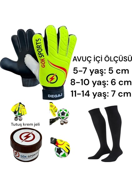 Çocuk kaleci eldiveni tutuş kremi futbol çorabı bilek bandajlı kaleci eldiveni