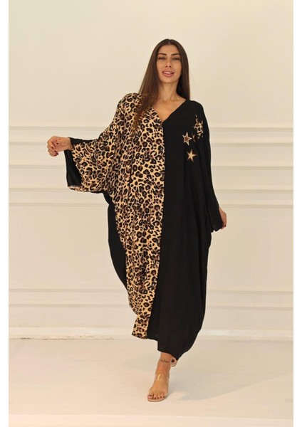 Siyah Leopar Desen Renk Bloklu Yıldız Aplike Nakışlı Cepli Oversize Uzun Elbise