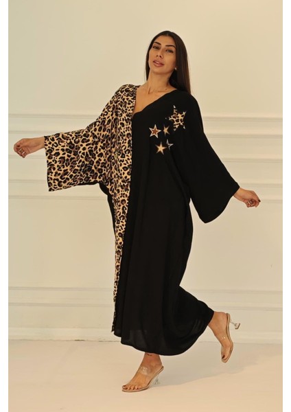 Siyah Leopar Desen Renk Bloklu Yıldız Aplike Nakışlı Cepli Oversize Uzun Elbise fiyatları