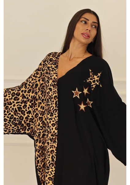 Siyah Leopar Desen Renk Bloklu Yıldız Aplike Nakışlı Cepli Oversize Uzun Elbise modelleri