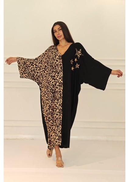 Siyah Leopar Desen Renk Bloklu Yıldız Aplike Nakışlı Cepli Oversize Uzun Elbise fırsatları