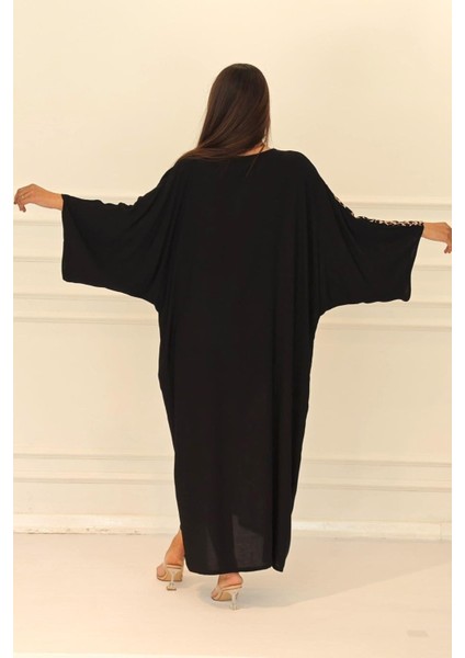 Siyah Leopar Desen Renk Bloklu Yıldız Aplike Nakışlı Cepli Oversize Uzun Elbise indirimleri