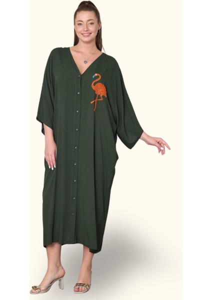 Haki V Yaka Önü ve Sırtı Flamingo Nakışlı Cepli Oversize Uzun Gömlek Elbise