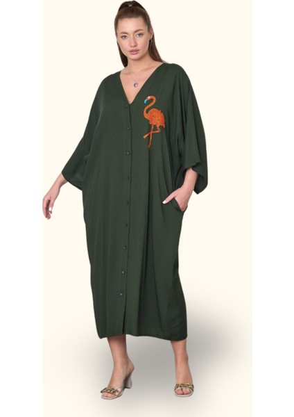 Haki V Yaka Önü ve Sırtı Flamingo Nakışlı Cepli Oversize Uzun Gömlek Elbise fiyatları