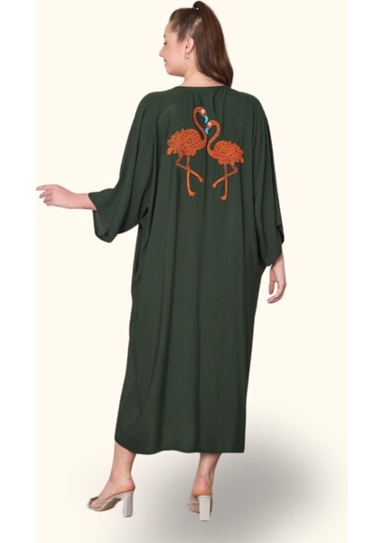 Haki V Yaka Önü ve Sırtı Flamingo Nakışlı Cepli Oversize Uzun Gömlek Elbise fırsatları
