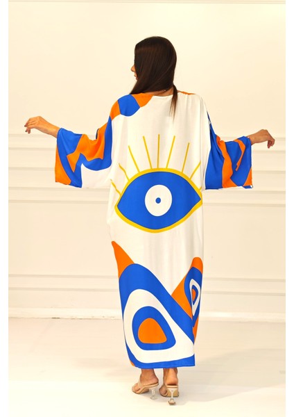 Turuncu Desenli Sırtı Göz Baskılı Cepli Oversize Uzun Gömlek Elbise