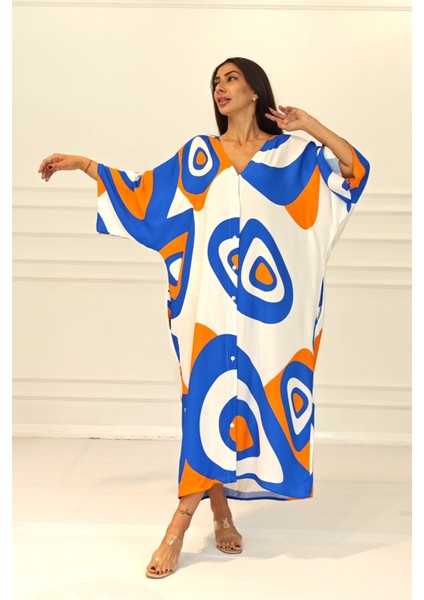 Turuncu Desenli Sırtı Göz Baskılı Cepli Oversize Uzun Gömlek Elbise fiyatları