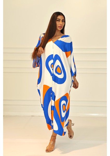 Turuncu Desenli Sırtı Göz Baskılı Cepli Oversize Uzun Gömlek Elbise modelleri