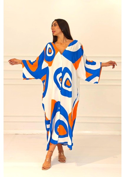 Turuncu Desenli Sırtı Göz Baskılı Cepli Oversize Uzun Gömlek Elbise fırsatları