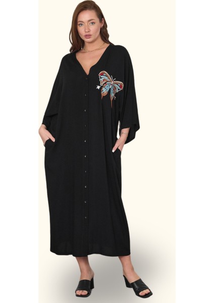 Siyah V Yaka Göğsü Kelebek Nakışlı Cepli Oversize Uzun Gömlek Elbise