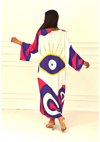 Fuşya Desenli Sırtı Göz Baskılı Cepli Oversize Uzun Gömlek Elbise