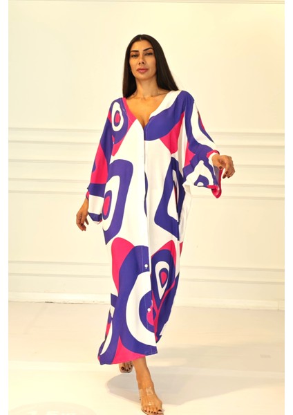 Fuşya Desenli Sırtı Göz Baskılı Cepli Oversize Uzun Gömlek Elbise modelleri