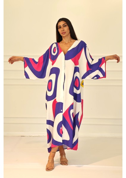 Fuşya Desenli Sırtı Göz Baskılı Cepli Oversize Uzun Gömlek Elbise fırsatları