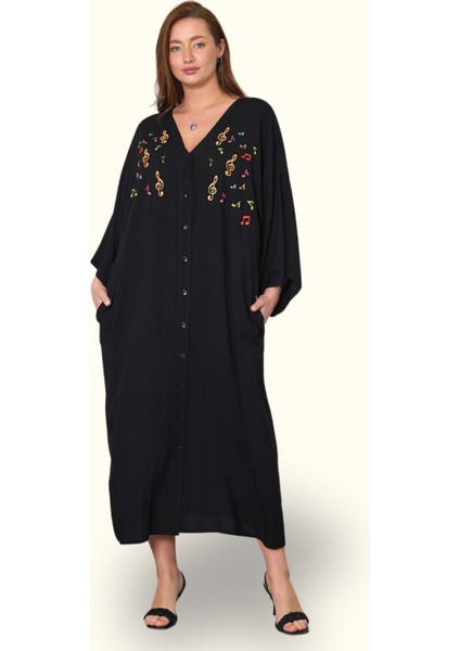 Siyah V Yaka Önü Nota Nakışlı Cepli Oversize Uzun Gömlek Elbise