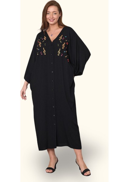 Siyah V Yaka Önü Nota Nakışlı Cepli Oversize Uzun Gömlek Elbise fiyatları