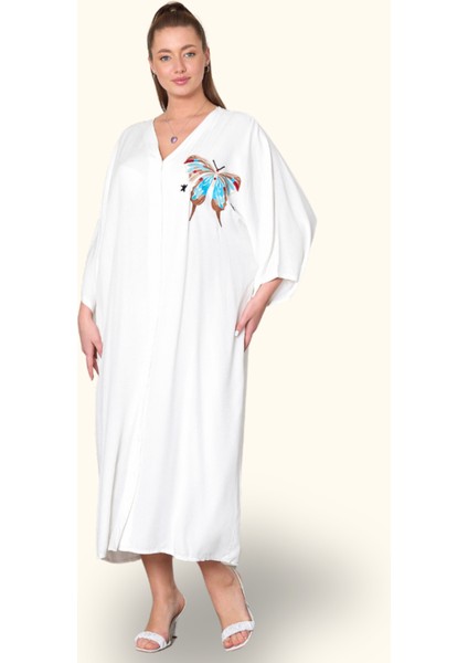 Beyaz V Yaka Göğsü Kelebek Nakışlı Cepli Oversize Uzun Gömlek Elbise fiyatları