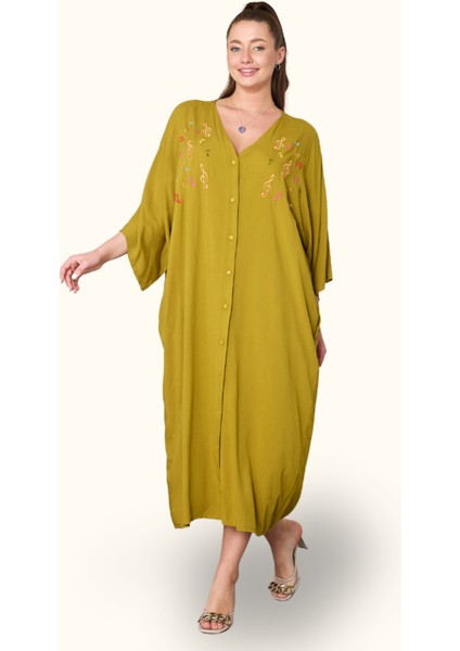 Hardal Rengi V Yaka Önü Nota Nakışlı Cepli Oversize Uzun Gömlek Elbise