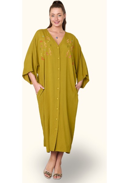 Hardal Rengi V Yaka Önü Nota Nakışlı Cepli Oversize Uzun Gömlek Elbise fiyatları