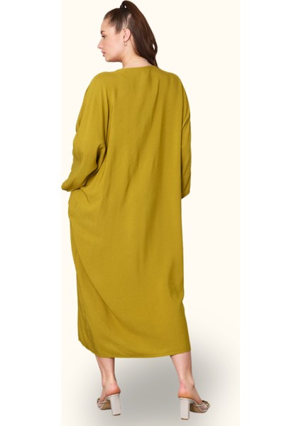 Hardal Rengi V Yaka Önü Nota Nakışlı Cepli Oversize Uzun Gömlek Elbise fırsatları