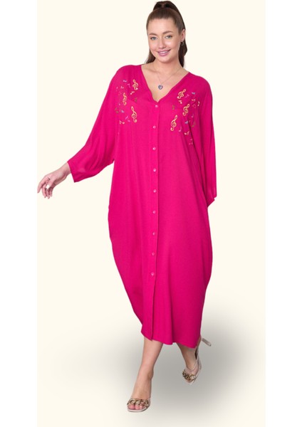 Fuşya V Yaka Önü Nota Nakışlı Cepli Oversize Uzun Gömlek Elbise