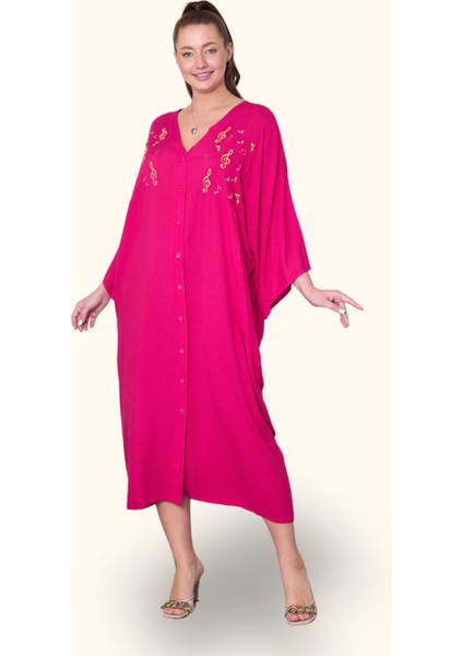 Fuşya V Yaka Önü Nota Nakışlı Cepli Oversize Uzun Gömlek Elbise fiyatları