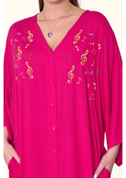 Fuşya V Yaka Önü Nota Nakışlı Cepli Oversize Uzun Gömlek Elbise modelleri