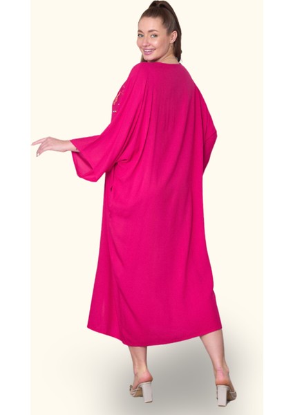 Fuşya V Yaka Önü Nota Nakışlı Cepli Oversize Uzun Gömlek Elbise fırsatları
