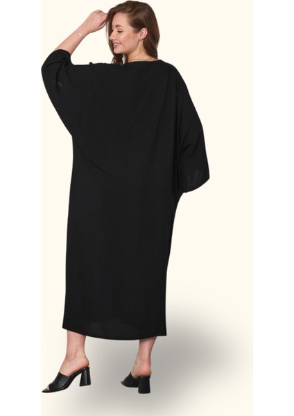 Siyah V Yaka Göğsü Kelebek Nakışlı Cepli Oversize Uzun Gömlek Elbise fırsatları