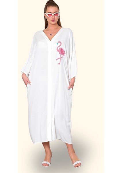 Beyaz V Yaka Önü ve Sırtı Flamingo Nakışlı Cepli Oversize Uzun Gömlek Elbise