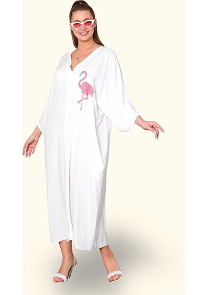 Beyaz V Yaka Önü ve Sırtı Flamingo Nakışlı Cepli Oversize Uzun Gömlek Elbise fiyatları