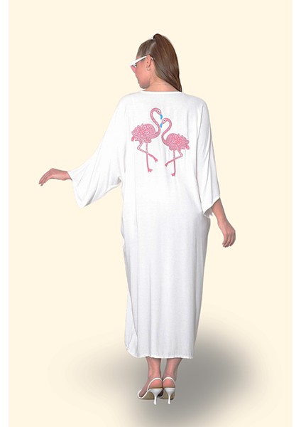 Beyaz V Yaka Önü ve Sırtı Flamingo Nakışlı Cepli Oversize Uzun Gömlek Elbise fırsatları