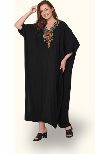 Siyah V Yaka Göğsü Otantik Nakışlı Cepli Oversize Uzun Elbise