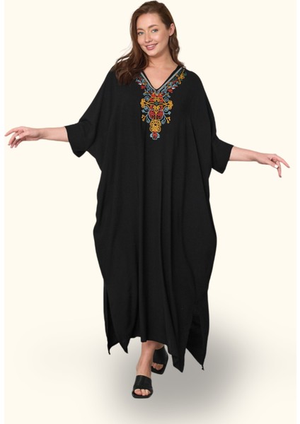 Siyah V Yaka Göğsü Otantik Nakışlı Cepli Oversize Uzun Elbise fiyatları