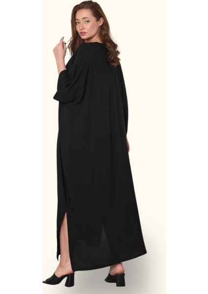 Siyah V Yaka Göğsü Otantik Nakışlı Cepli Oversize Uzun Elbise indirimleri