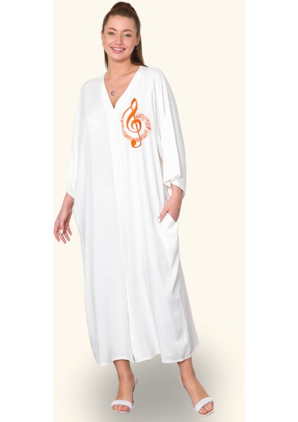 Beyaz V Yaka Göğsü Nota Nakışlı Cepli Oversize Uzun Gömlek Elbise fiyatları