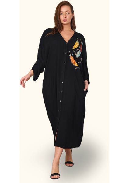Siyah V Yaka Göğsü Nota Nakışlı Cepli Oversize Uzun Gömlek Elbise fırsatları
