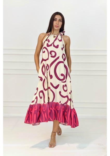 Fuşya Desenli Boyundan Bağlamalı Cepli Uzun Elbise