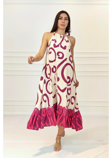 Fuşya Desenli Boyundan Bağlamalı Cepli Uzun Elbise fiyatları