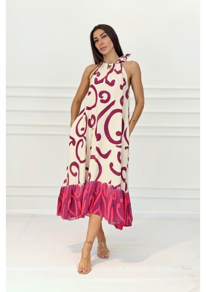 Fuşya Desenli Boyundan Bağlamalı Cepli Uzun Elbise modelleri