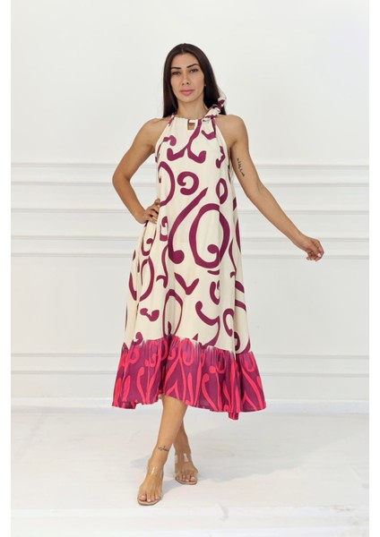 Fuşya Desenli Boyundan Bağlamalı Cepli Uzun Elbise fırsatları